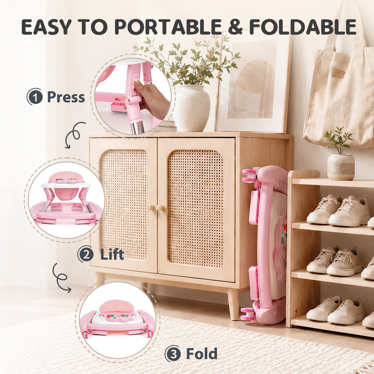 5-in-1 Music and Lights Baby Walker Foldable with 5 Adjustable Heights, Baby Walker with Wheels and Bouncer Combo Portable, Infant Toddler Walker for Baby Boy Girls 6-18 Months
