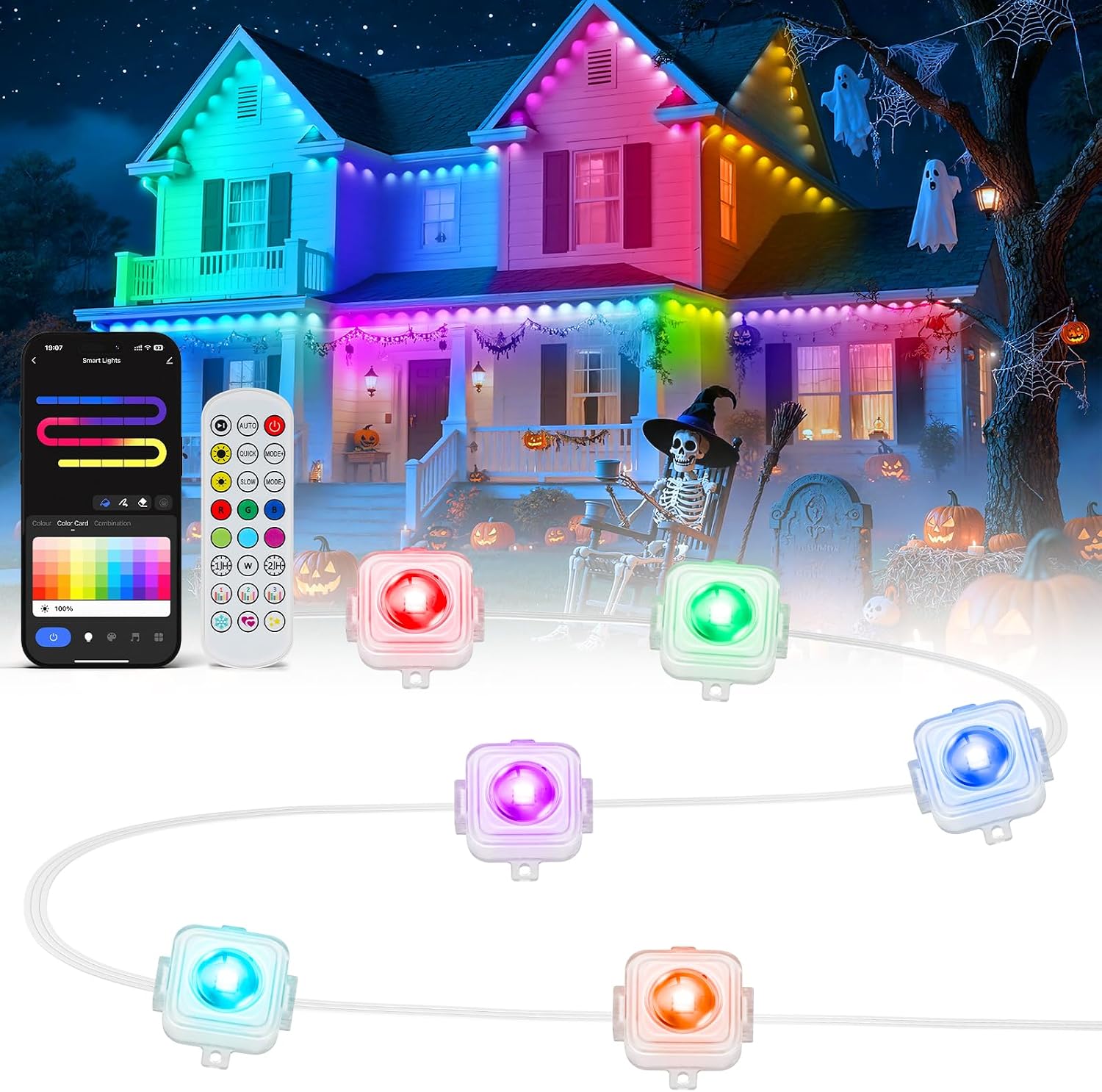 100' Permanent Outdoor RGBIC Eave Lights with 72 LEDs, App and Remote Control, IP67 Waterproof