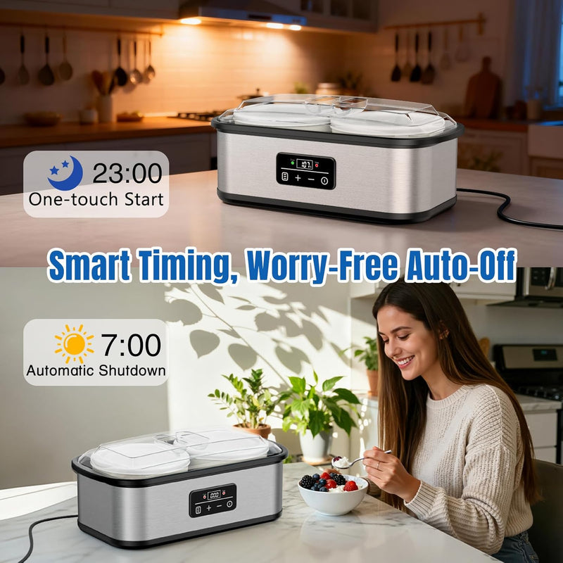 Yogurt Maker with Two Containers, Yogurt Maker Machine with Adjustable Temperature & Time Control, Automatic Shut-Off & Constant Temper for Homemade Probiotic Yogurt, Promoting Gut Health