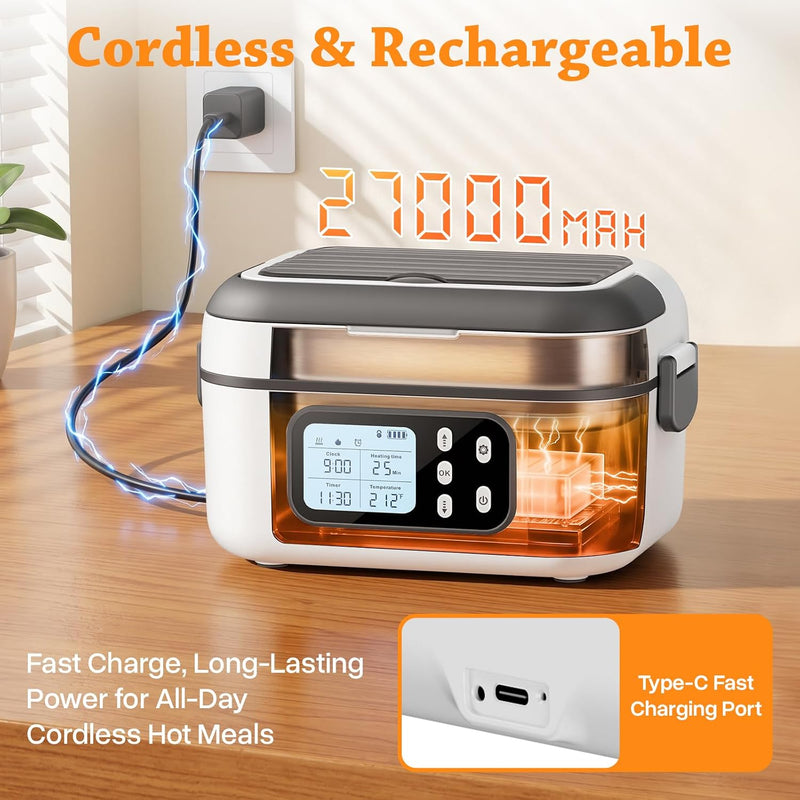 Cordless Personal Meal Warmer with Timer, 1.5L Stainless Steel Container - White