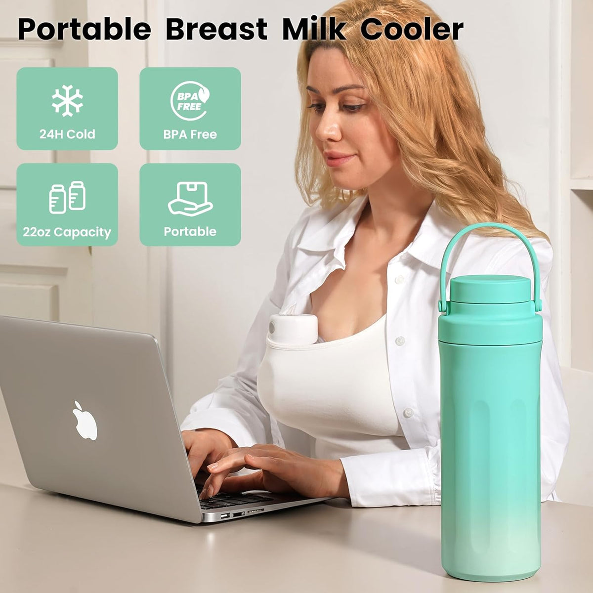 22oz Portable Breast Milk Cooler for Work & Travel, Breastmilk Cooler with 360° Total Cooling for 24 Hours & Leak-Proof Dual-Bottle for Breastfeeding Moms' All-Day Needs