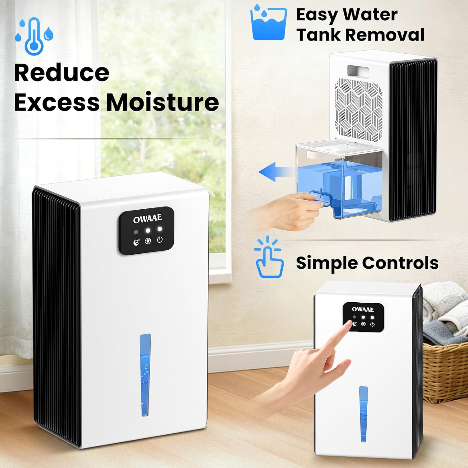 Quiet Portable Dehumidifier with Large Tank, Sleep Mode and Ambient Night Light
