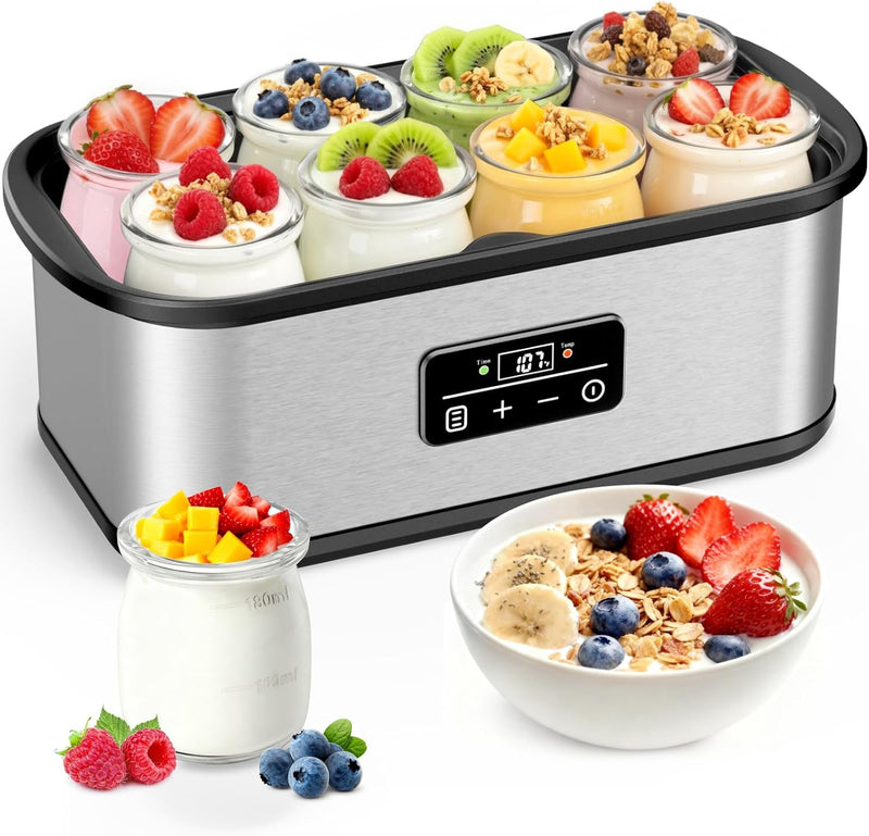 Yogurt Maker with Two Containers, Yogurt Maker Machine with Adjustable Temperature & Time Control, Automatic Shut-Off & Constant Temper for Homemade Probiotic Yogurt, Promoting Gut Health