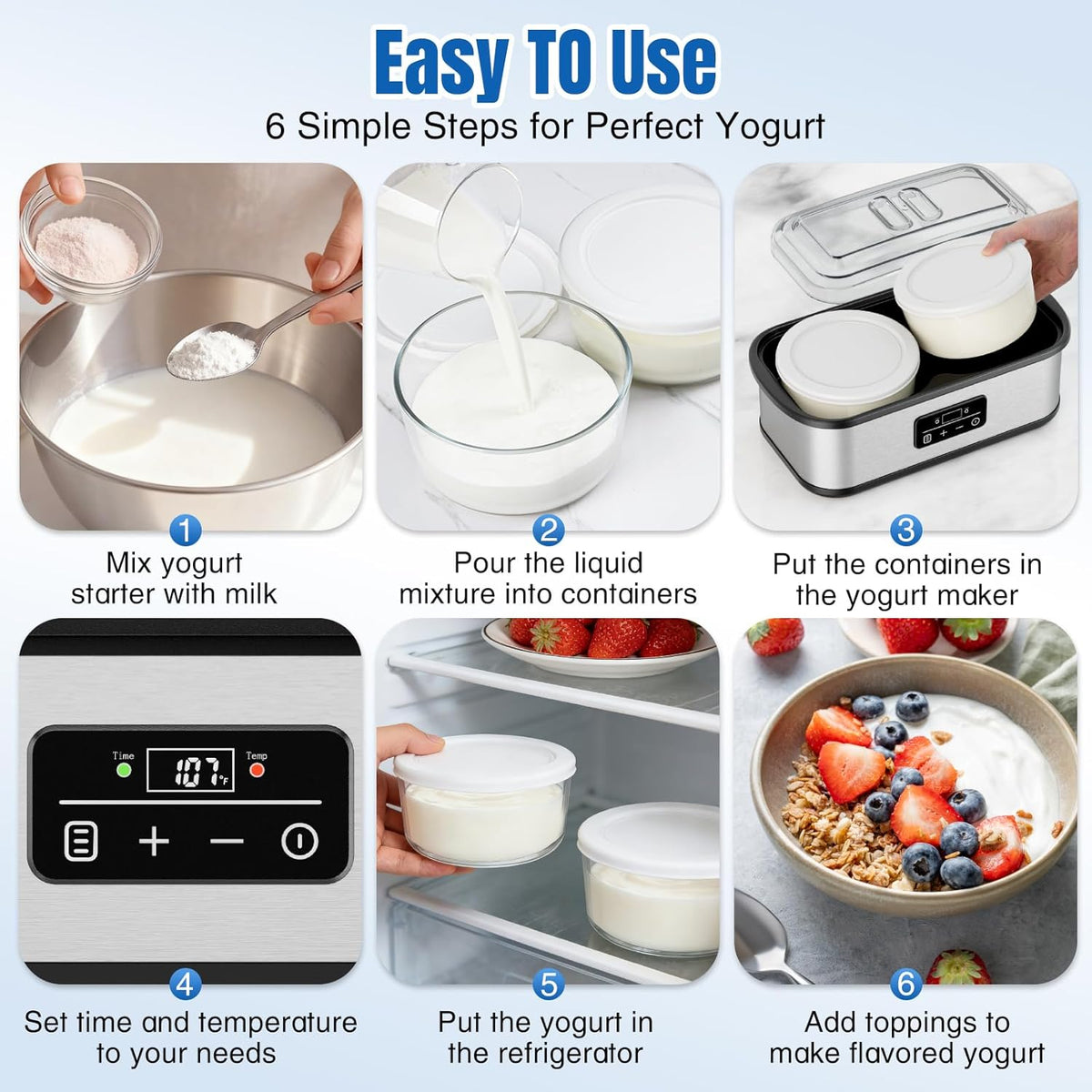 Yogurt Maker with Two Containers, Yogurt Maker Machine with Adjustable Temperature & Time Control, Automatic Shut-Off & Constant Temper for Homemade Probiotic Yogurt, Promoting Gut Health