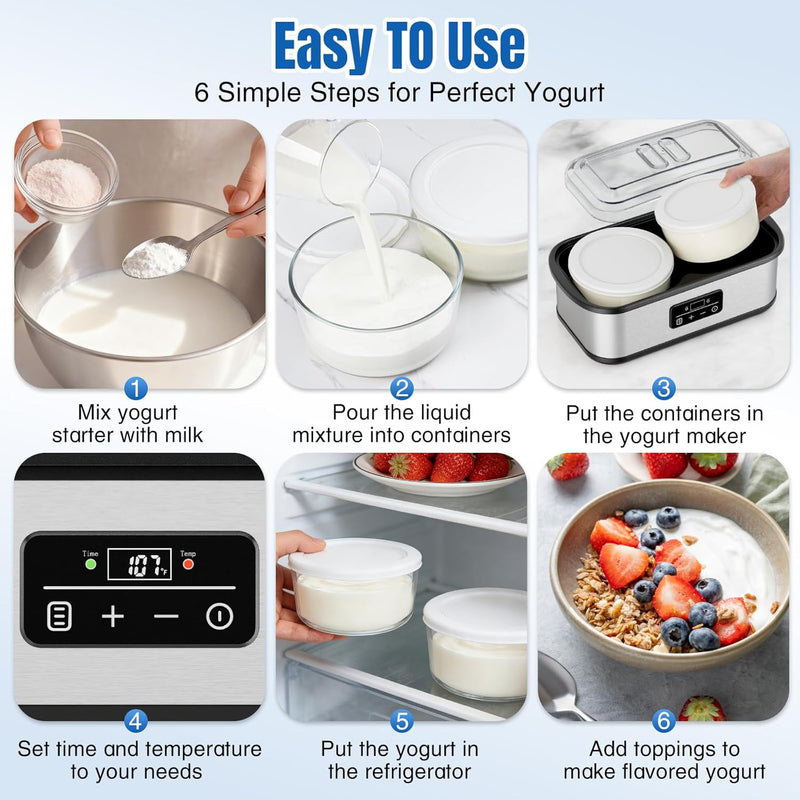 Yogurt Maker with Two Containers, Yogurt Maker Machine with Adjustable Temperature & Time Control, Automatic Shut-Off & Constant Temper for Homemade Probiotic Yogurt, Promoting Gut Health