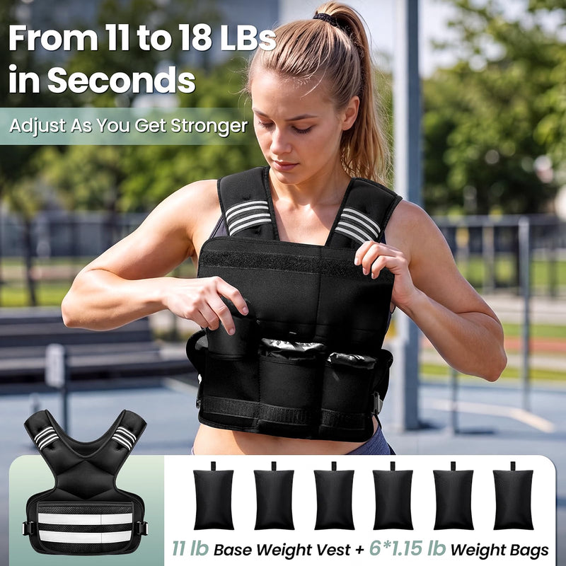Adjustable Weighted Vest 11-18 lb with 6 Removable Weights, Reflective Stripes & Pockets
