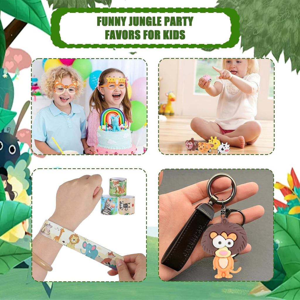 110-Piece Jungle Safari Party Favor Set with Animal Glasses, Pull-Back Cars, Keychains and Stickers