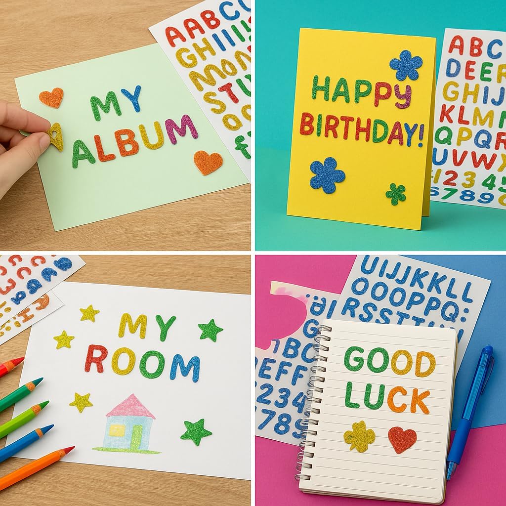 1356-Count Glitter Alphabet Stickers, 12-Sheet Multicolor Self-Adhesive Letter, Number and Symbol Stickers for Crafts and Scrapbooking