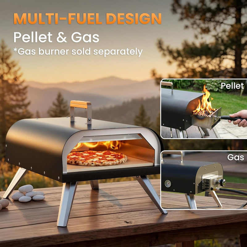 Pizza Oven Outdoor 12" Multi-Fuel – Wood Fire & Propane Pizza Oven (Burner Sold Separately), Outdoor Pizza Oven Reaches 720°F with Pizza Stone & Peel, Portable for Backyard, Camping, Tailgating