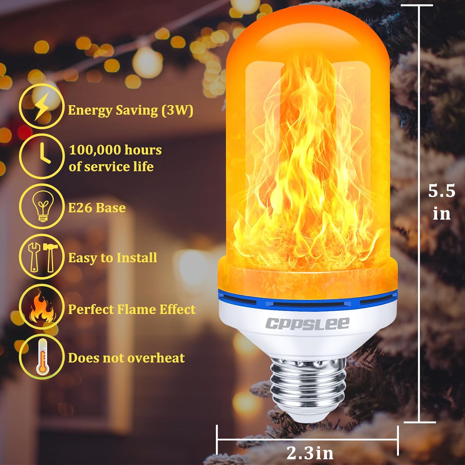 LED Flame Effect Light Bulbs 2-Pack, E26 Base, 4 Modes, Gravity Sensor, Warm Yellow