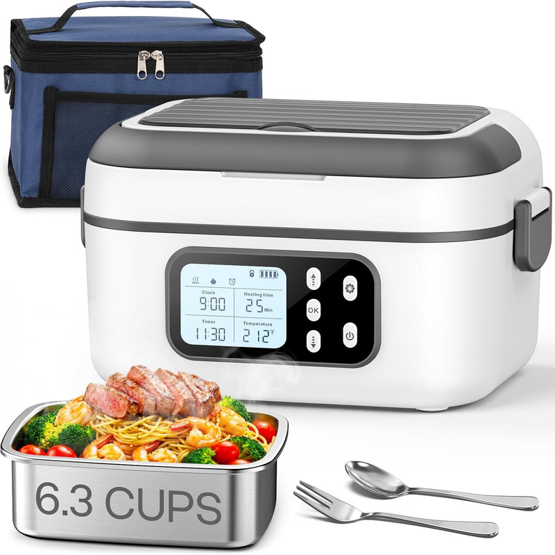 Cordless Personal Meal Warmer with Timer, 1.5L Stainless Steel Container - White