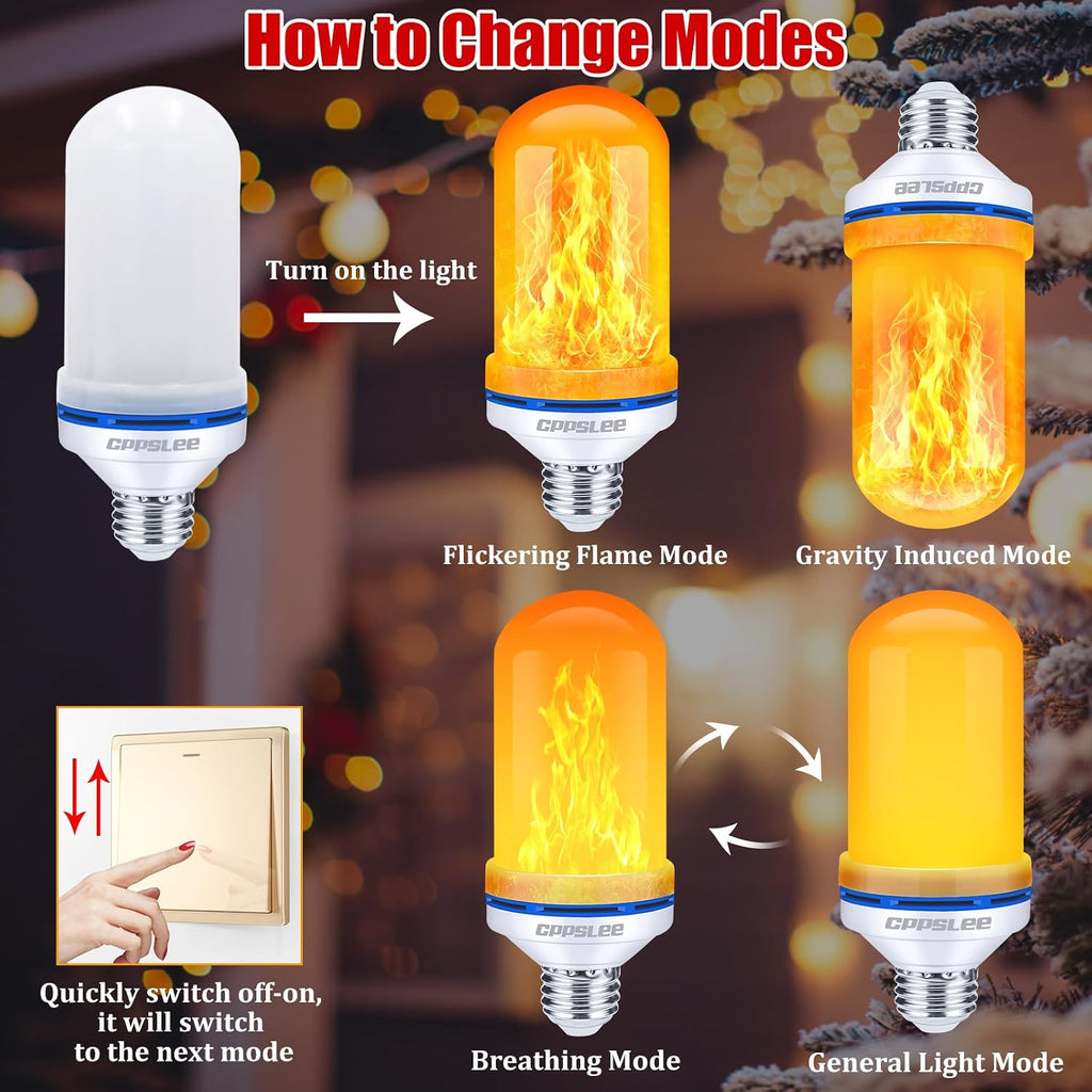 LED Flame Effect Light Bulbs 2-Pack, E26 Base, 4 Modes, Gravity Sensor, Warm Yellow