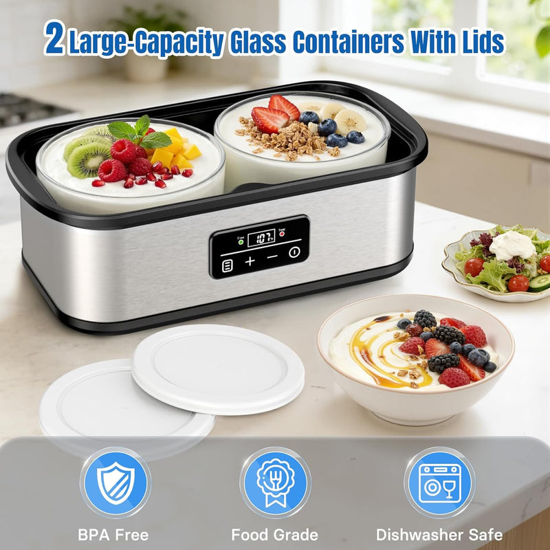 Yogurt Maker with Two Containers, Yogurt Maker Machine with Adjustable Temperature & Time Control, Automatic Shut-Off & Constant Temper for Homemade Probiotic Yogurt, Promoting Gut Health