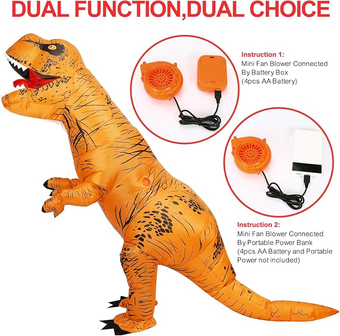 Adult Inflatable T-Rex Dinosaur Costume with Fan, One Size Fits Most - Brown