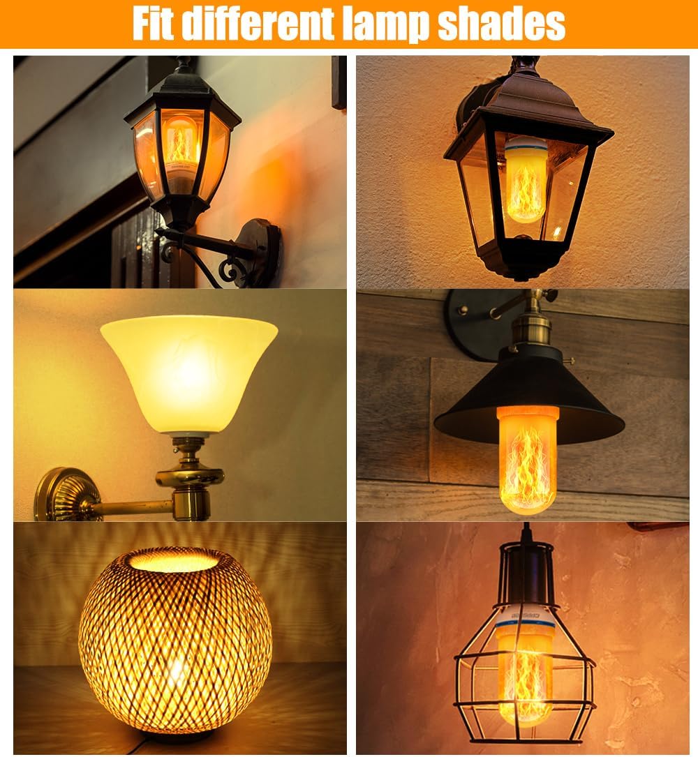 LED Flame Effect Light Bulbs 2-Pack, E26 Base, 4 Modes, Gravity Sensor, Warm Yellow
