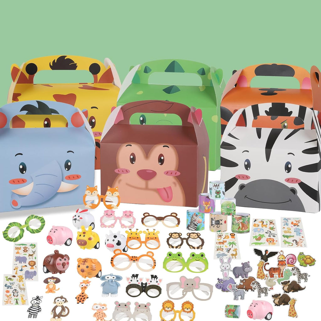 110-Piece Jungle Safari Party Favor Set with Animal Glasses, Pull-Back Cars, Keychains and Stickers