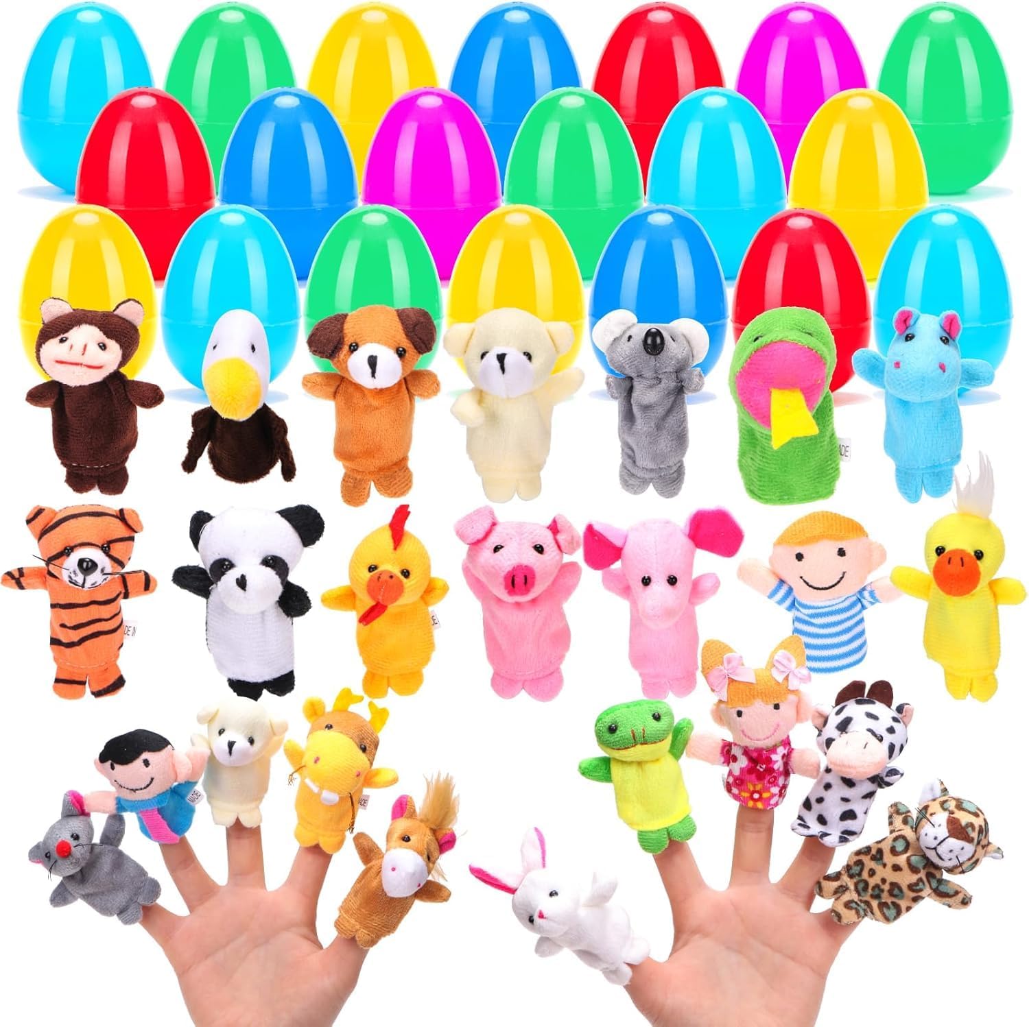 24-Count Prefilled Easter Eggs with Plush Animal Finger Puppets, Easter Basket Stuffers and Egg Hunt Party Favors