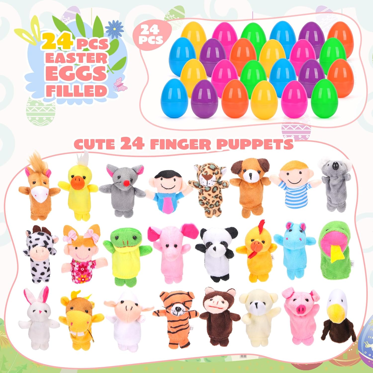 24-Count Prefilled Easter Eggs with Plush Animal Finger Puppets, Easter Basket Stuffers and Egg Hunt Party Favors