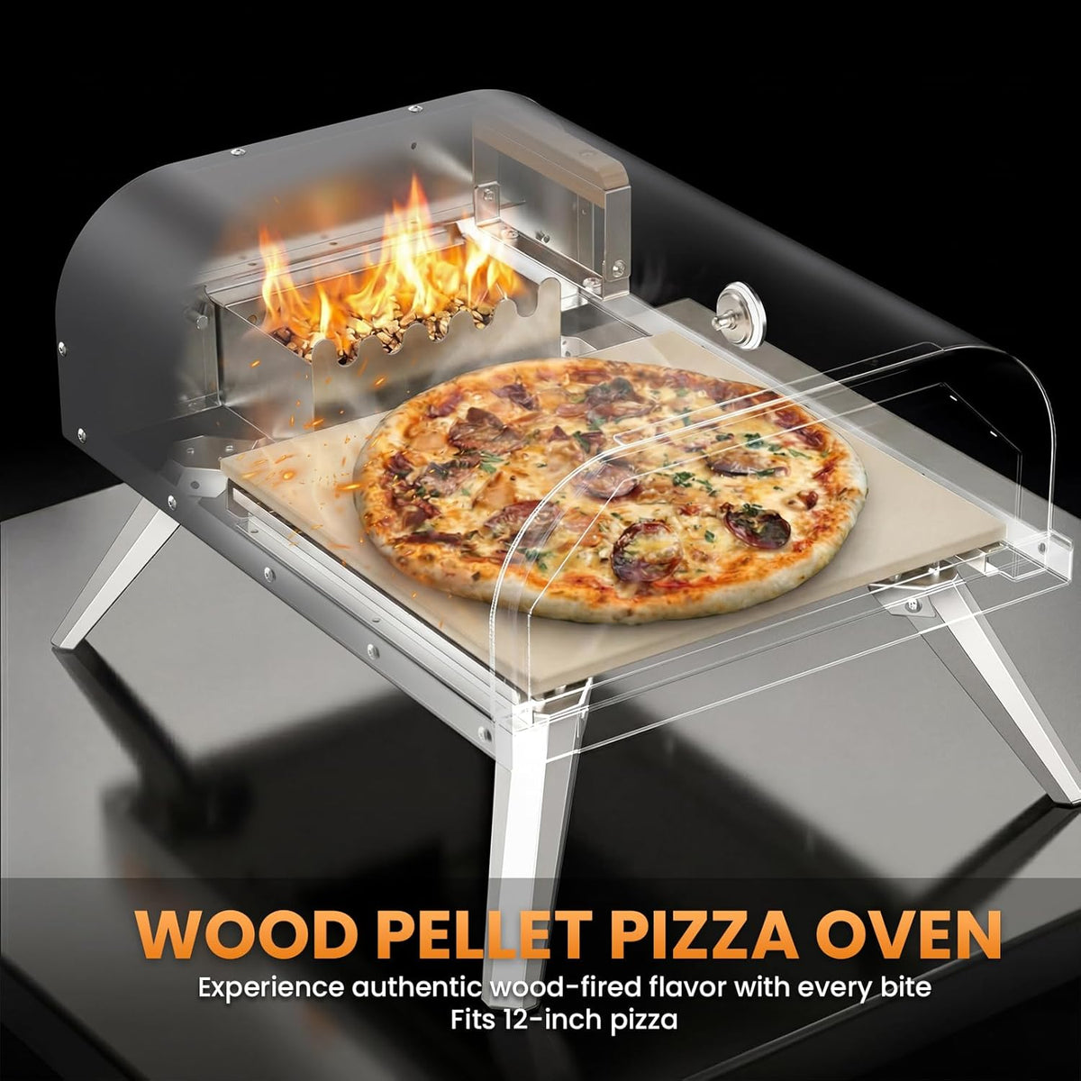 Pizza Oven Outdoor 12" Multi-Fuel – Wood Fire & Propane Pizza Oven (Burner Sold Separately), Outdoor Pizza Oven Reaches 720°F with Pizza Stone & Peel, Portable for Backyard, Camping, Tailgating