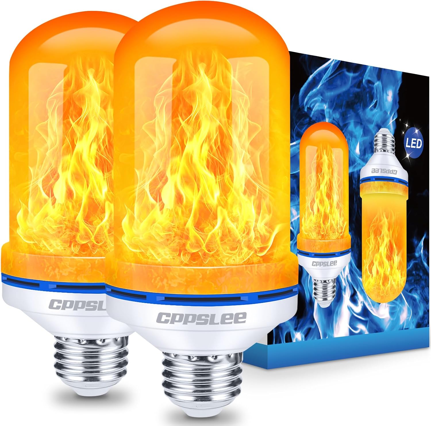 LED Flame Effect Light Bulbs 2-Pack, E26 Base, 4 Modes, Gravity Sensor, Warm Yellow