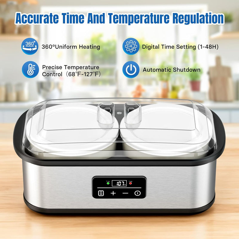 Yogurt Maker with Two Containers, Yogurt Maker Machine with Adjustable Temperature & Time Control, Automatic Shut-Off & Constant Temper for Homemade Probiotic Yogurt, Promoting Gut Health