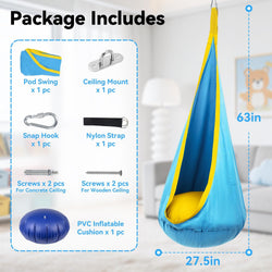 Kids Pod Swing Chair with Inflatable Cushion, Storage Pocket & Hanging Hardware