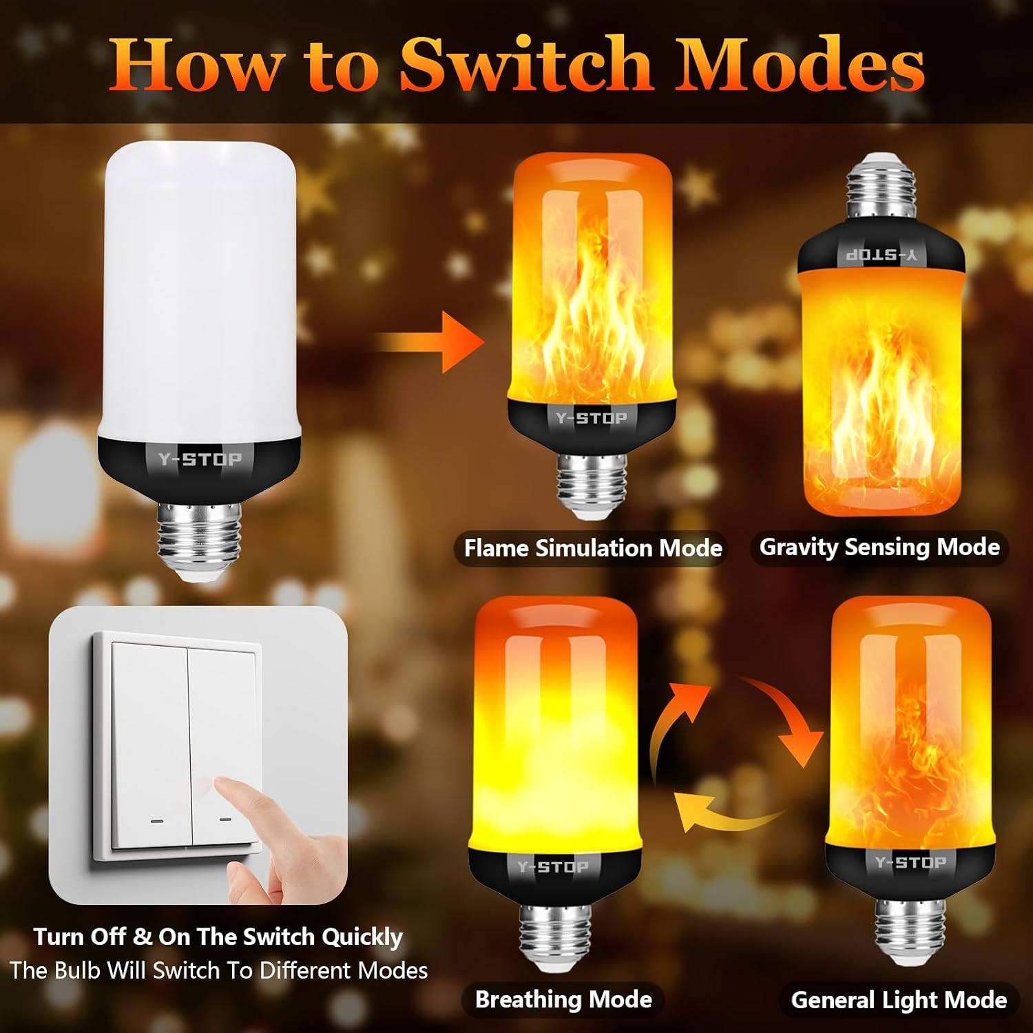 LED Flame Effect Light Bulb with 4 Lighting Modes E26 Base for Halloween Christmas Party Decor