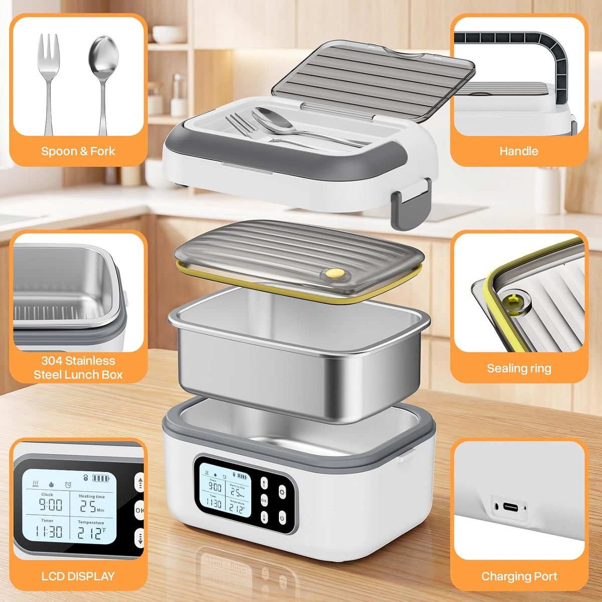 Cordless Personal Meal Warmer with Timer, 1.5L Stainless Steel Container - White