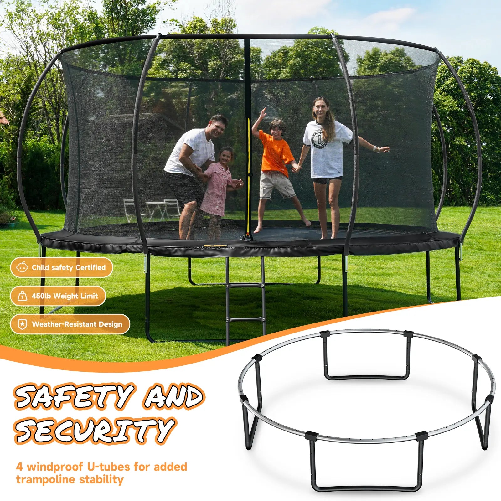 Outdoor Trampoline with Enclosure Net, ASTM & CPSIA Certified Heavy-Duty Backyard Trampoline for Kids