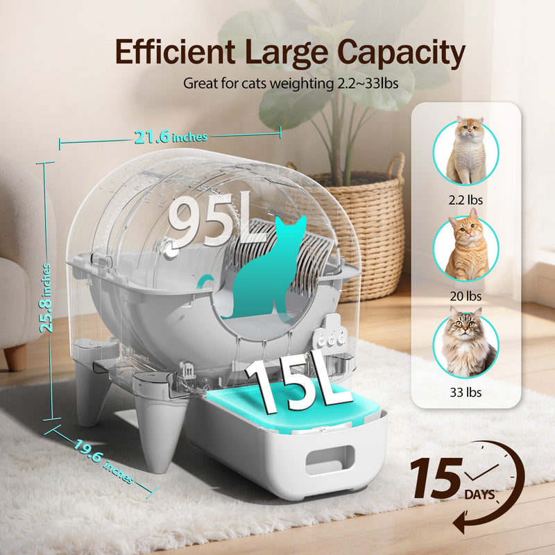 Self Cleaning Litter Box,95L Automatic Cat Litter Box Self Cleaning Large Capacity for Multiple Cats, App-Controlled with Safety Sensors, Removable Washable Liner,2 Rolls Garbage Bags,Grey