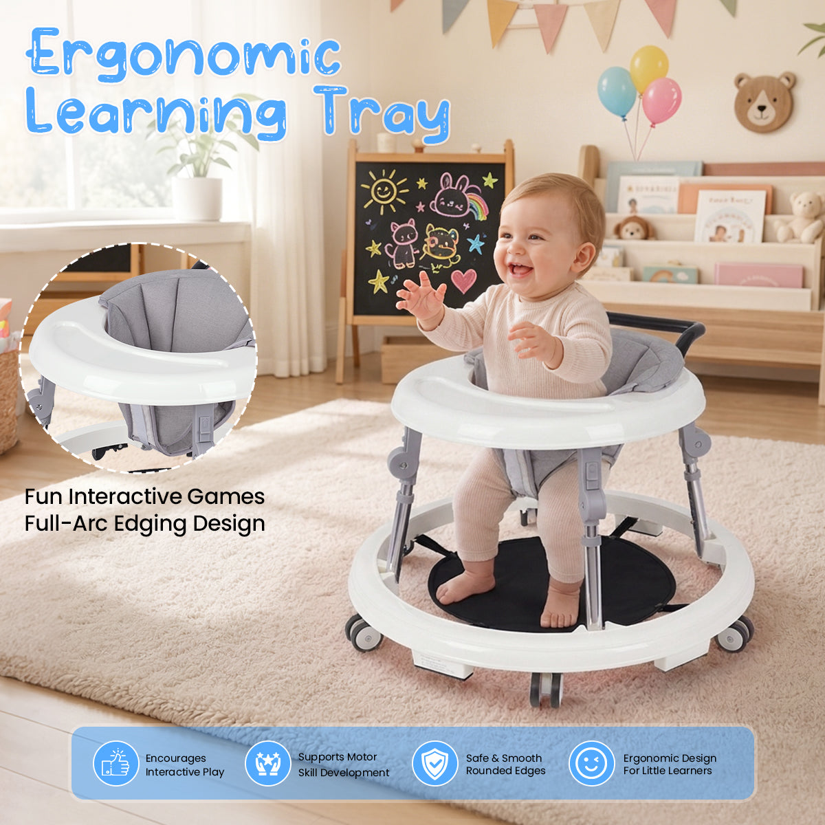 Baby Walker Foldable with 9 Adjustable Heights, Baby Walkers and Activity Center for Girls Boys Babies 7-18 Months, Baby Walker with Wheels Portable Anti-Rollover