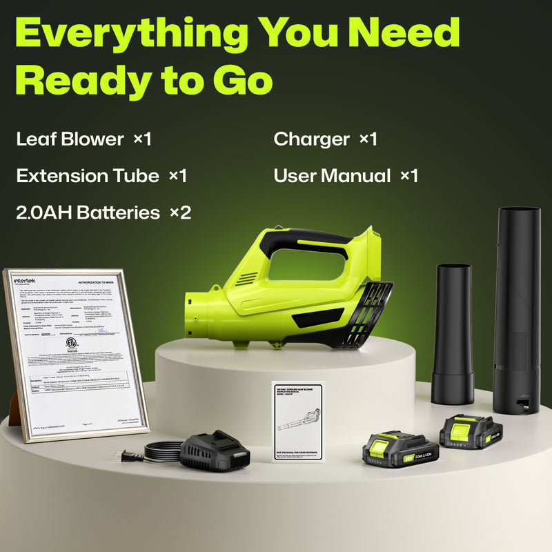 Cordless Leaf Blower, 20V Leaf Blower with 2 x 2.0Ah Batteries & Charger, Up to 450CFM/150MPH, 2 Variable Speed, Lightweight for Blowing Leaves, Patio Cleaning, Lawn Care and Dust (Green)