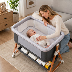 Baby Bassinet, 3 in 1 Bedside Bassinets for Baby, Bassinet Bedside Sleeper with Wheels, Adjustable Height with Rocking Mode, Breathable Mesh, Storage Basket, Easy Assemble & Folding