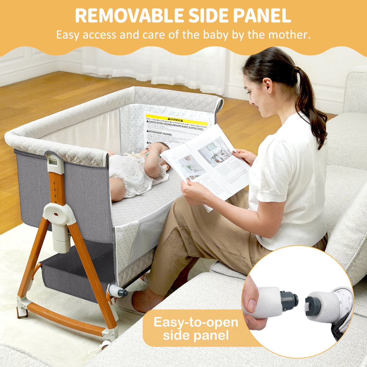 Baby Bassinet Bedside Sleeper, 6 Heights, Cradle Mode, Wheels, Foldable Crib with Mattress
