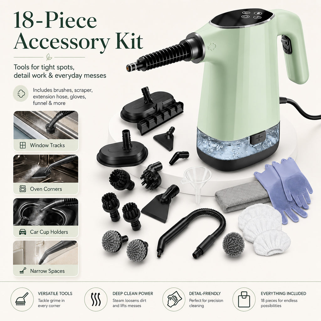 Handheld Steam Cleaner, Portable Steamer for Cleaning with 18PCS Accessories, 12s Fast Heating, Pressurized Steam Cleaner for Home, Kitchen, Bathroom, Car Detailing, Window, and Clothes, Green