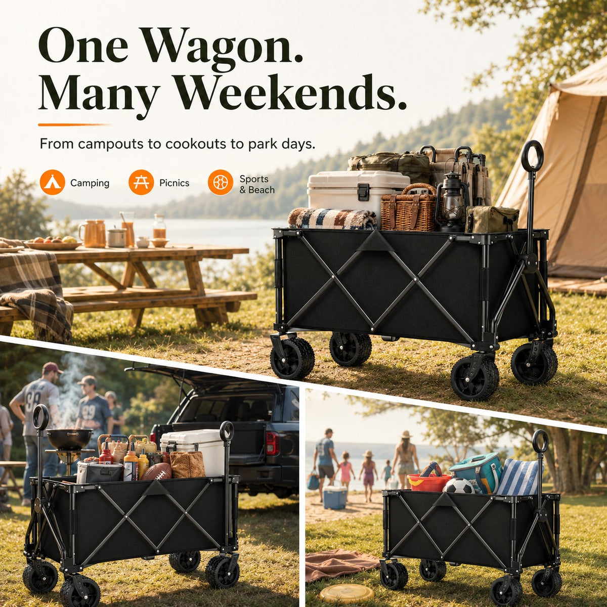 Heavy Duty Wagons Carts Foldable, Collapsible Wagon with Big Wheels for Sand & Cup Holders for Camping Garden Sports Grocery