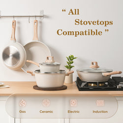 12 Pcs Pots and Pans Set, Nonstick Cookware Sets White Granite Induction Cookware, Non-toxic Healthy Non Stick Kitchen Cooking Set with Frying Pans Set, Saucepans,Steamer