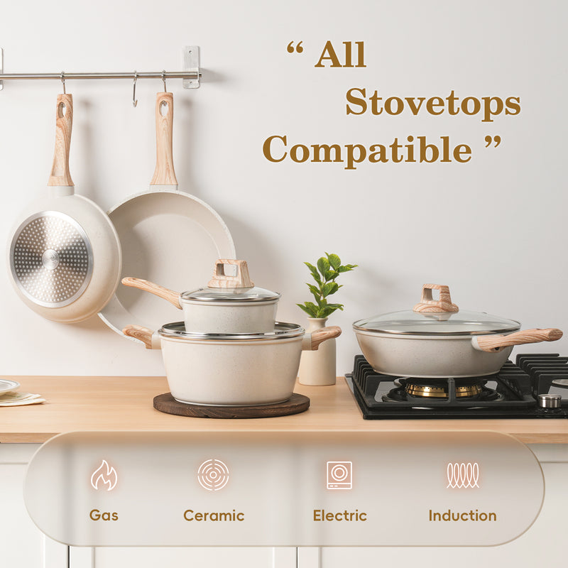 12 Pcs Pots and Pans Set, Nonstick Cookware Sets White Granite Induction Cookware, Non-toxic Healthy Non Stick Kitchen Cooking Set with Frying Pans Set, Saucepans,Steamer