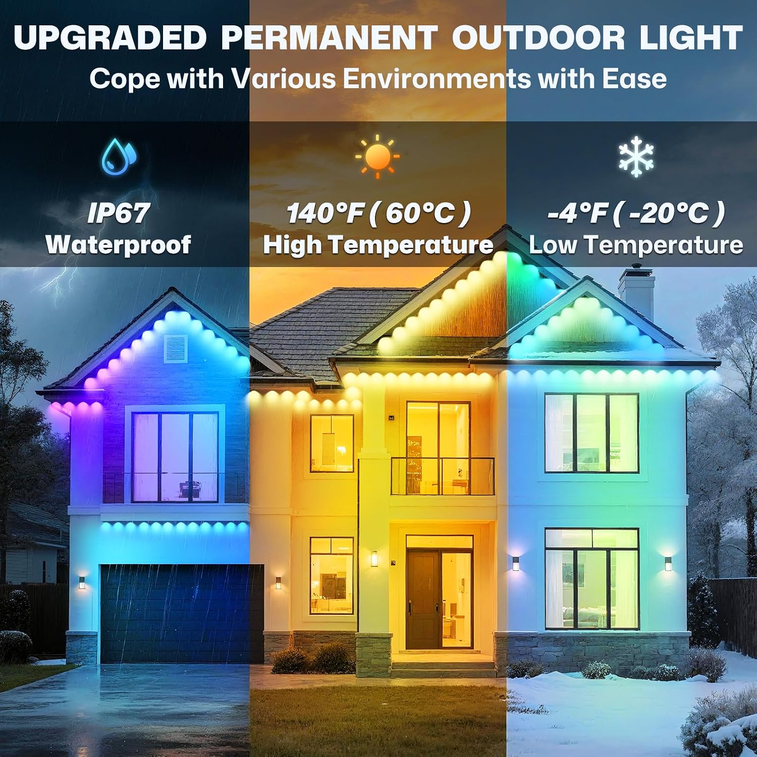 100' Permanent Outdoor RGBIC Eave Lights with 72 LEDs, App and Remote Control, IP67 Waterproof