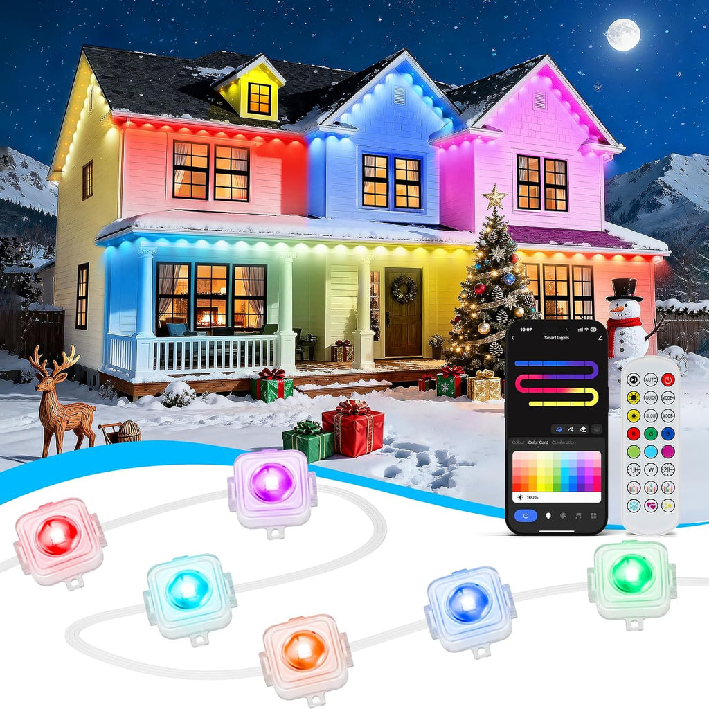 100' Permanent Outdoor RGBIC Eave Lights with 72 LEDs, App and Remote Control, IP67 Waterproof