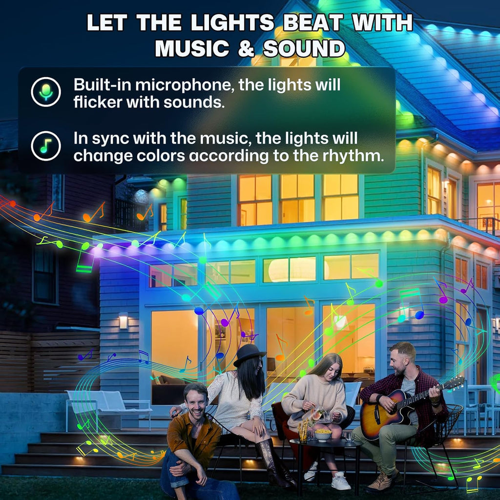 100' Permanent Outdoor RGBIC Eave Lights with 72 LEDs, App and Remote Control, IP67 Waterproof