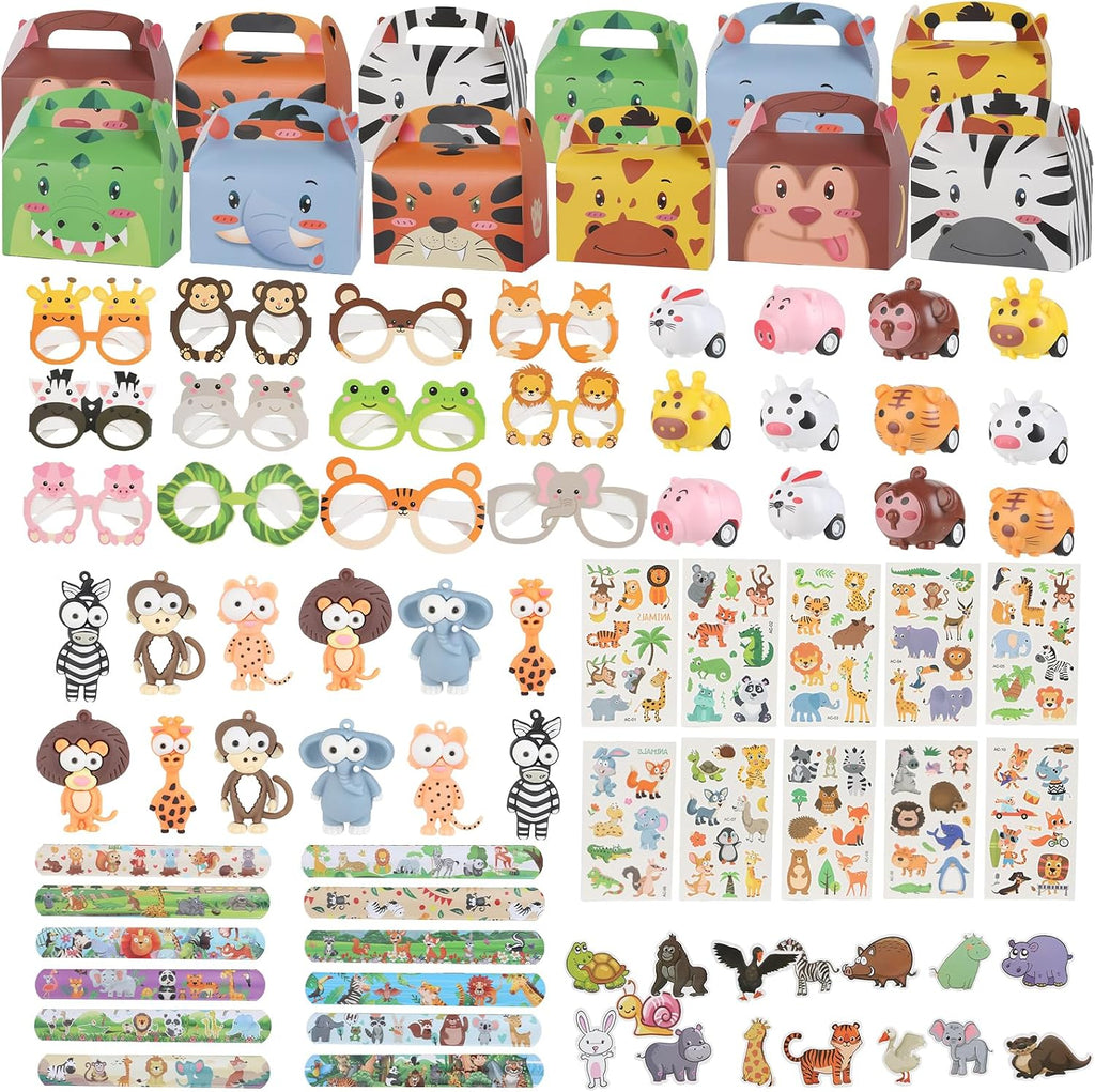 110-Piece Jungle Safari Party Favor Set with Animal Glasses, Pull-Back Cars, Keychains and Stickers