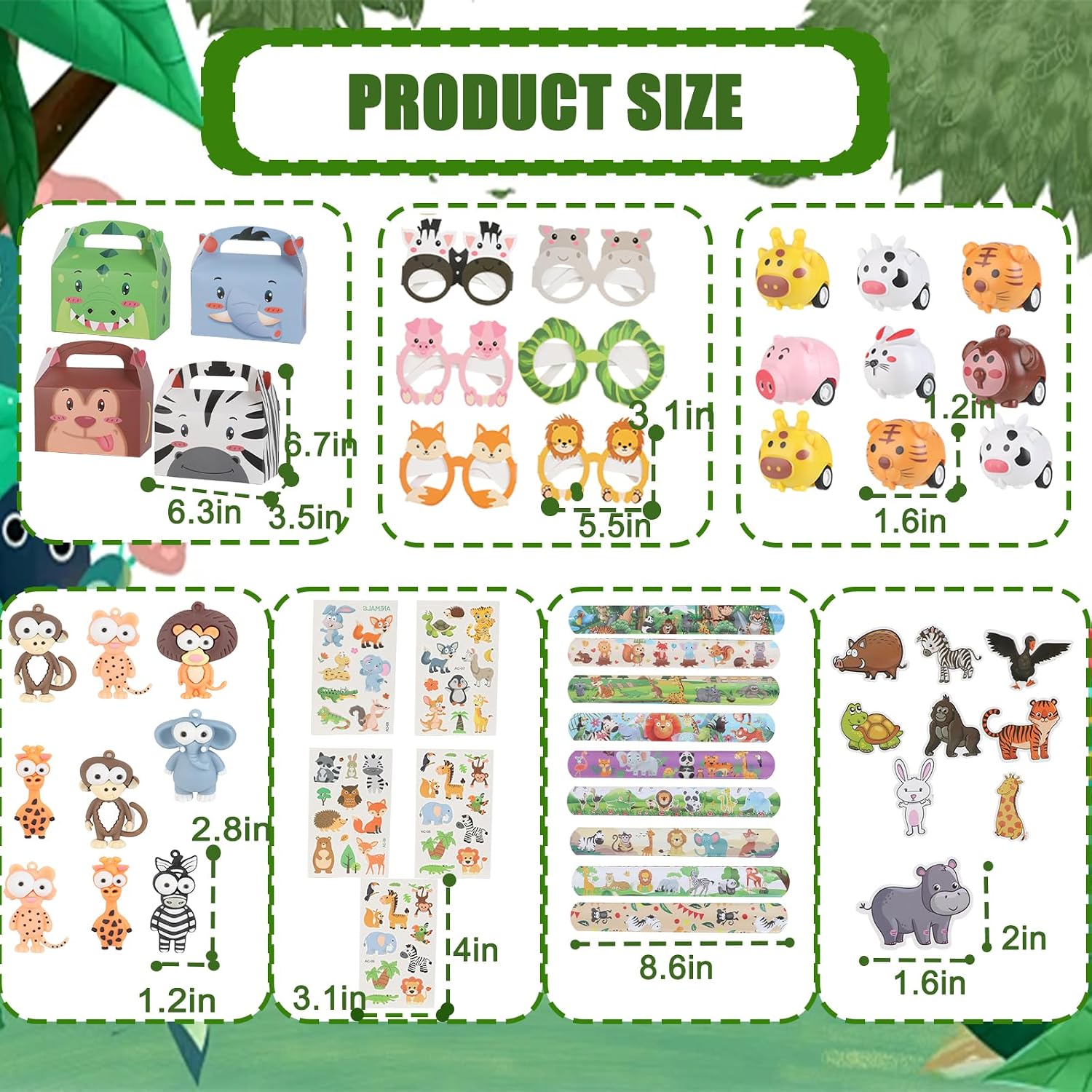 110-Piece Jungle Safari Party Favor Set with Animal Glasses, Pull-Back Cars, Keychains and Stickers