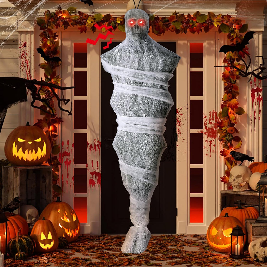 72" Hanging Cocoon Corpse Halloween Decoration with Sound-Activated Scream and Red LED Eyes