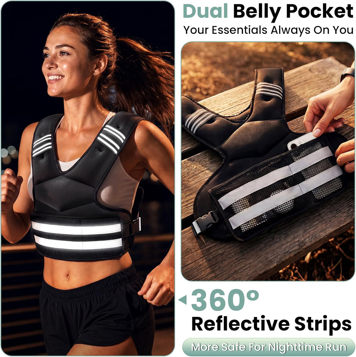 Adjustable Weighted Vest 11-18 lb with 6 Removable Weights, Reflective Stripes & Pockets