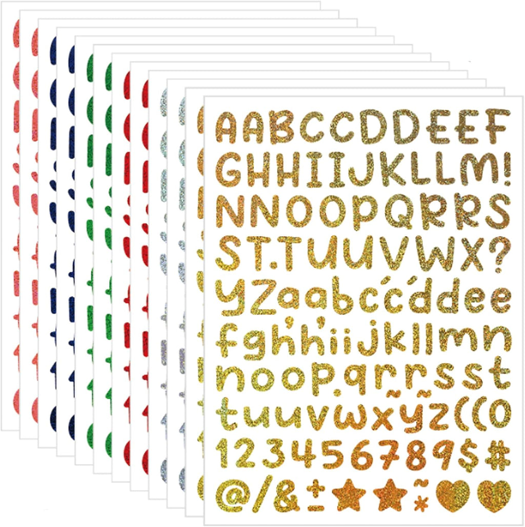1356-Count Glitter Alphabet Stickers, 12-Sheet Multicolor Self-Adhesive Letter, Number and Symbol Stickers for Crafts and Scrapbooking