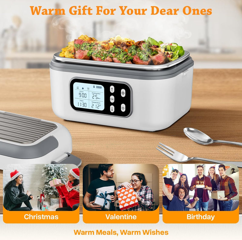 Cordless Personal Meal Warmer with Timer, 1.5L Stainless Steel Container - White