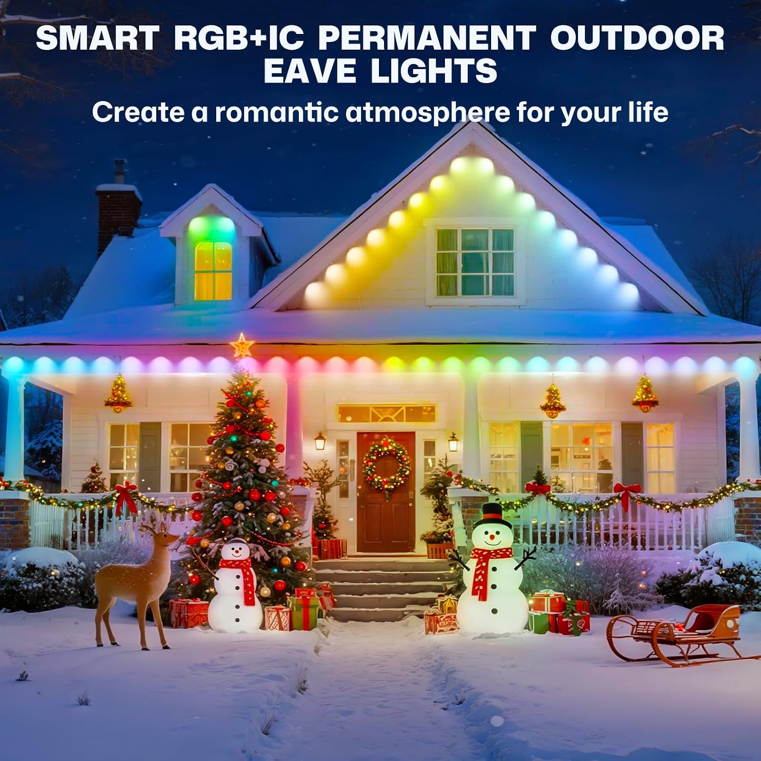 100' Permanent Outdoor RGBIC Eave Lights with 72 LEDs, App and Remote Control, IP67 Waterproof