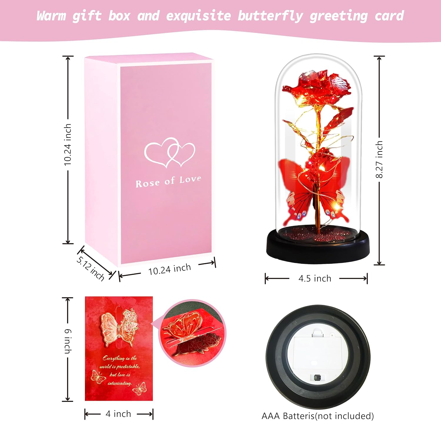 LED Rose Light in Glass Dome Romantic Gift for Anniversary Birthday Valentines Day Decor