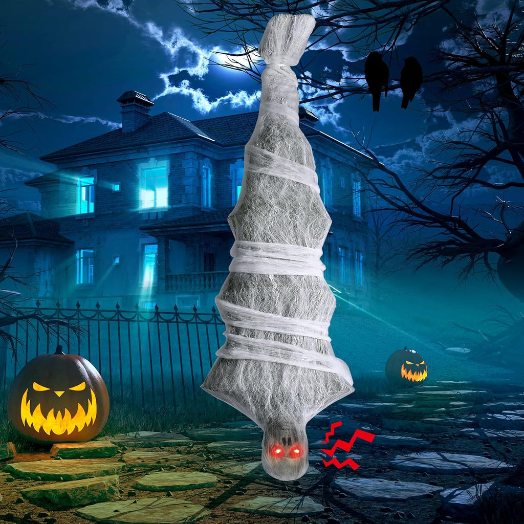 72" Hanging Cocoon Corpse Halloween Decoration with Sound-Activated Scream and Red LED Eyes